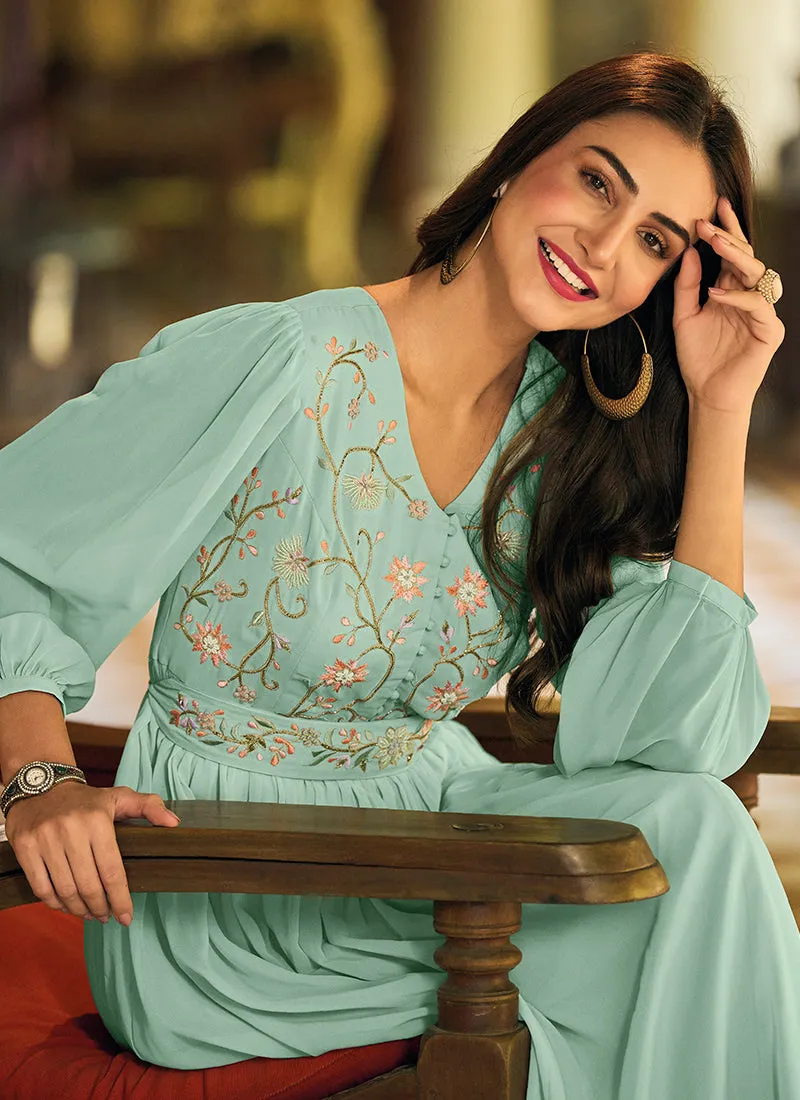Teal Blue Minimalist Embroidery Flared Gown With Belt