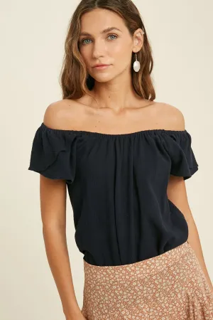textured tulip sleeve top - navy (convertible to off the shoulder)