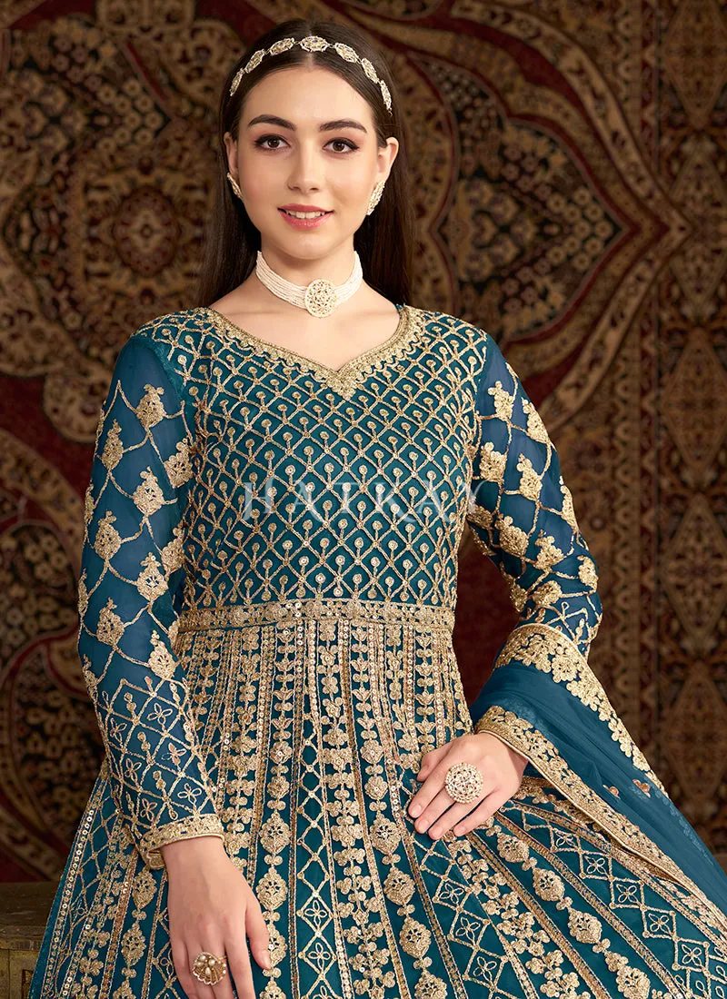 Turquoise Embroidered Traditional Anarkali Suit