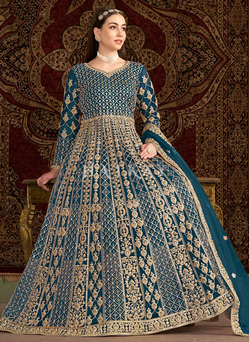 Turquoise Embroidered Traditional Anarkali Suit